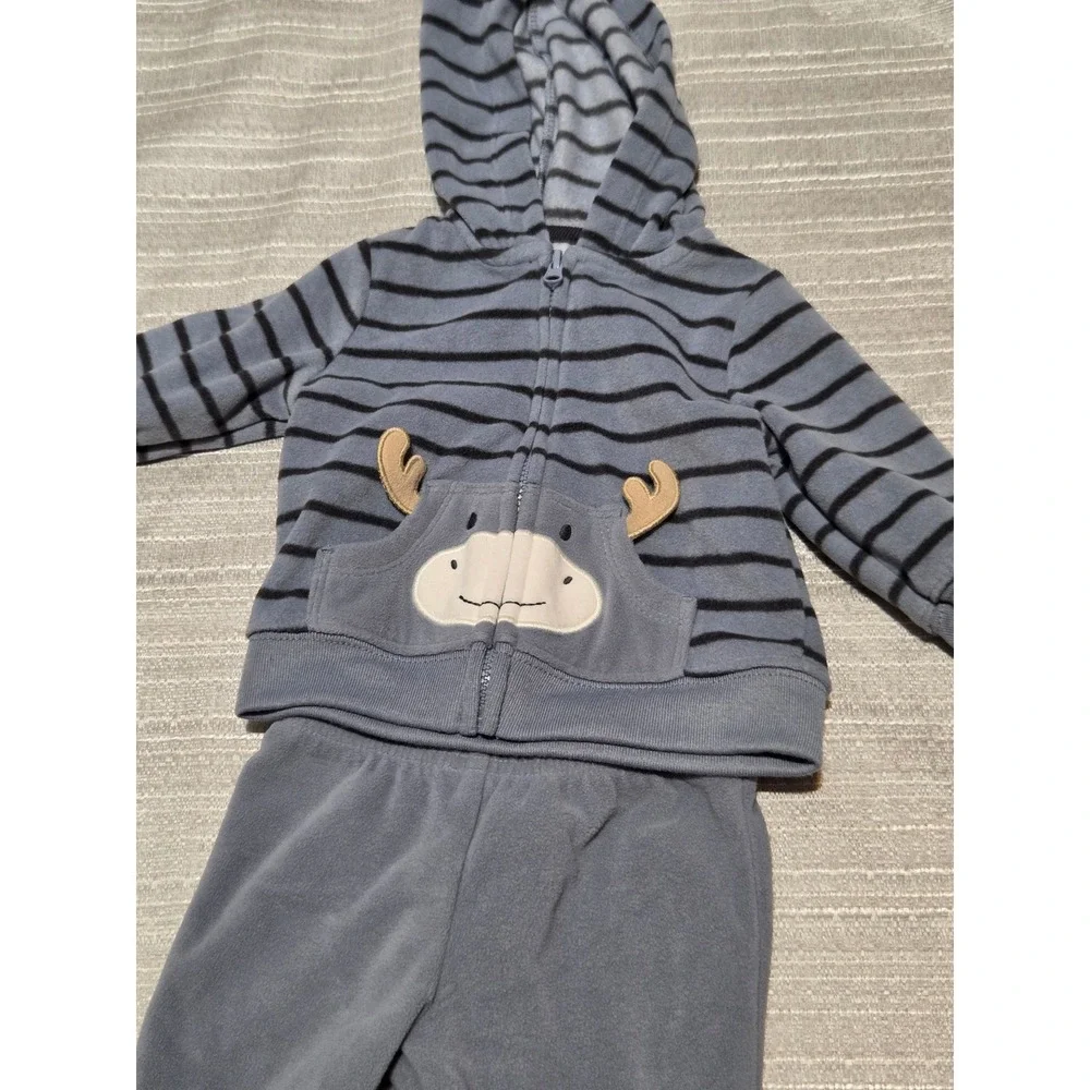 Carters Just One You Baby Boys 3M Gray Blue Moose Stripe Fleece Hoodie Pant Set